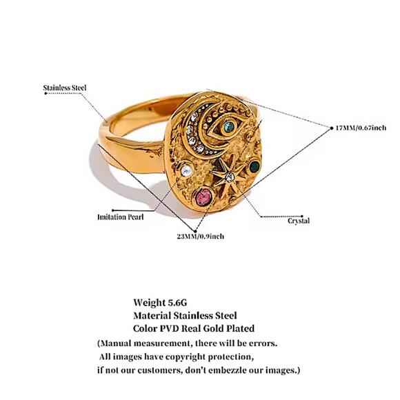 Gold Zircon Evil Eye Star Moon Ring Stainless Steel Gold Plated Bojo - Picture 6 of 6